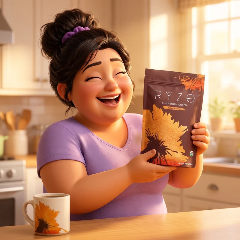 Animated mom of young kids holding a bag of RYZE Mushroom Coffee in her bright kitchen