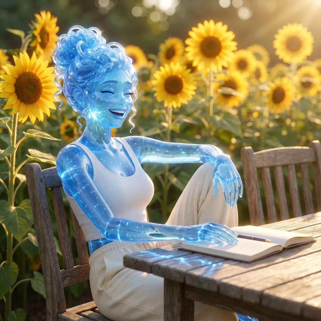 The blue glass woman from the ad laughing at the wooden table in her sunflower garden in golden light, a notebook open in front of her.