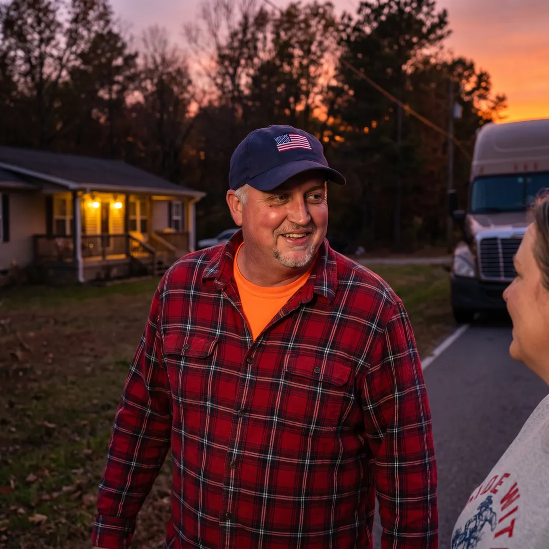 The truck driver from the ad walking with his wife outside their home at sunset after the haul.
