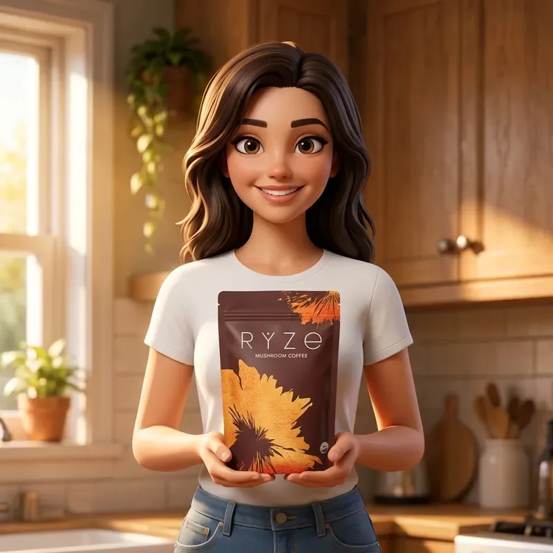 Woman holding a bag of RYZE mushroom coffee in her kitchen