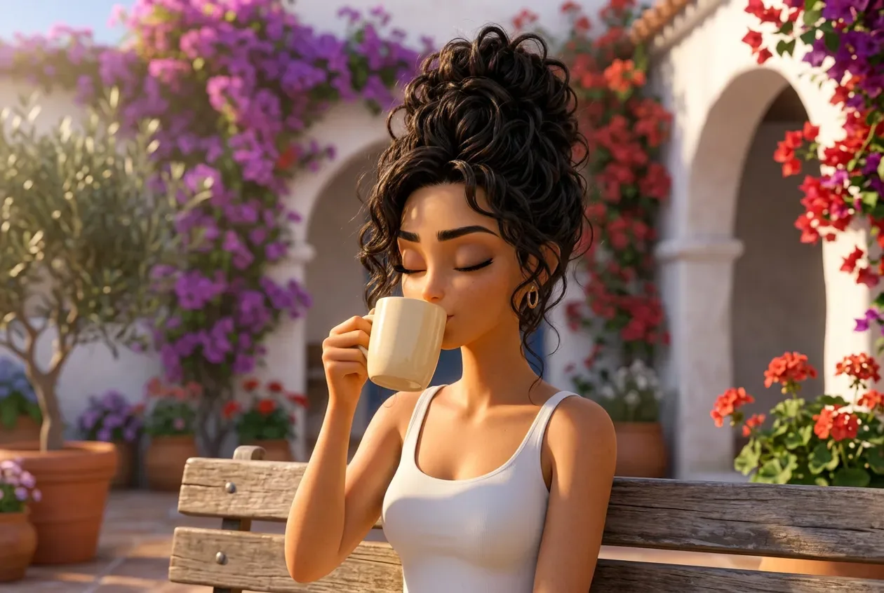 Animated mom taking a calm early-morning sip of RYZE on her courtyard bench