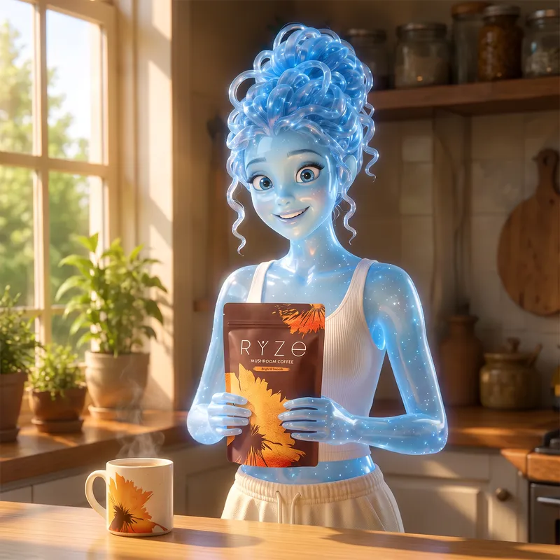 The blue glass woman from the ad in her bright kitchen holding the brown RYZE Mushroom Coffee pouch at chest height, a RYZE mug steaming beside her.
