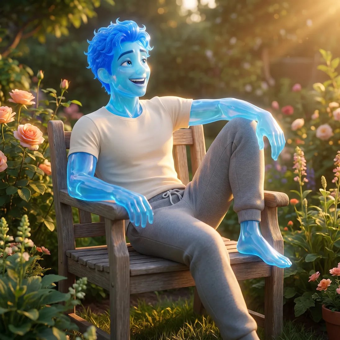 The same blue glass man laughing in a wooden garden chair among flowers at golden hour