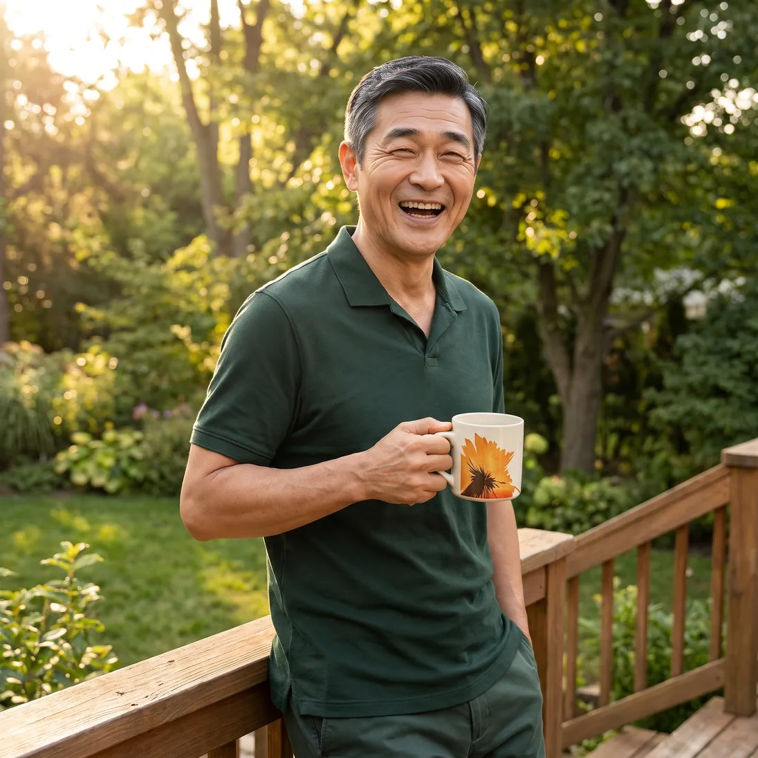 The same man laughing on his sunny back porch with a RYZE mug.
