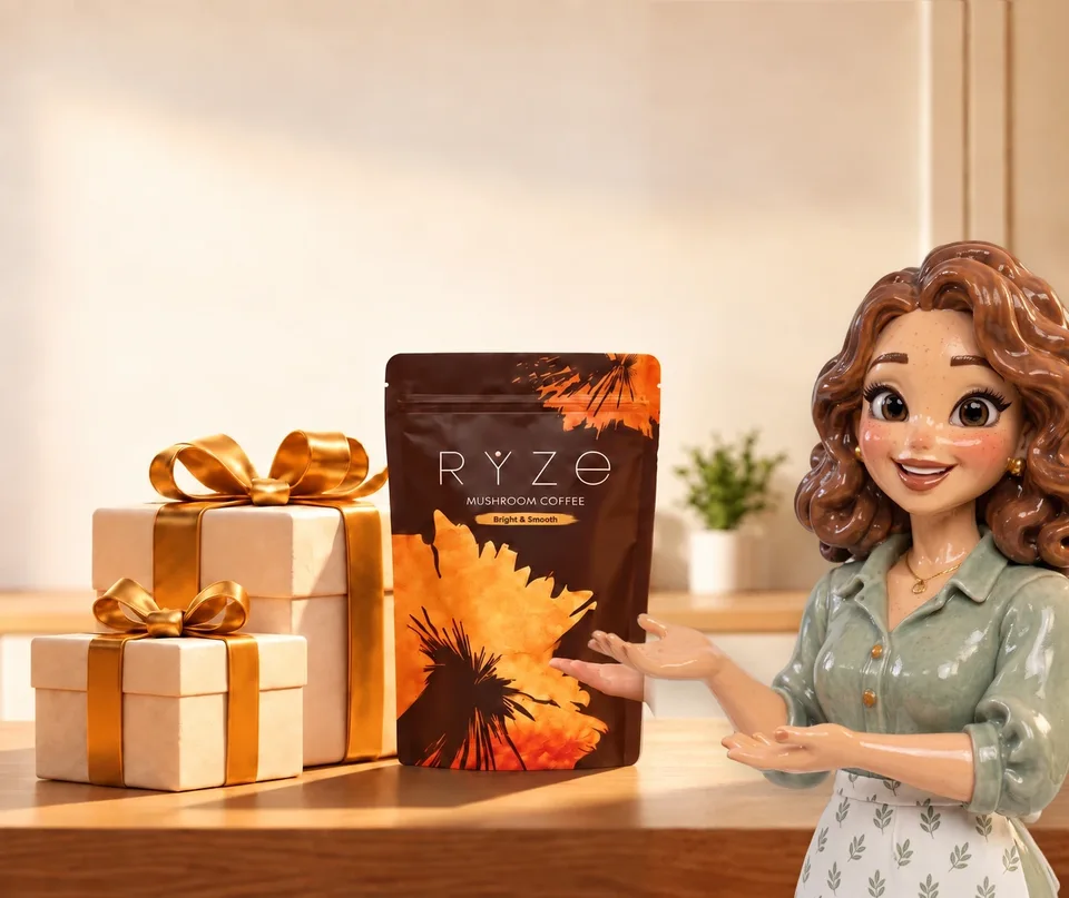 UP TO 40% OFF + FREE GIFTS. RYZE coffee and two wrapped gifts on a kitchen counter with the clay-figurine woman from the ad presenting them in the foreground.