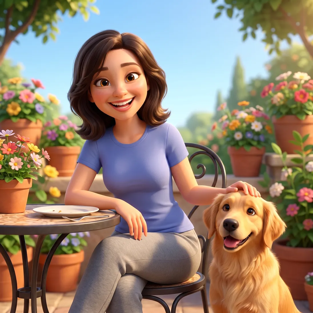 The same woman laughing on her sunny garden patio after lunch, relaxed, her golden retriever beside the chair