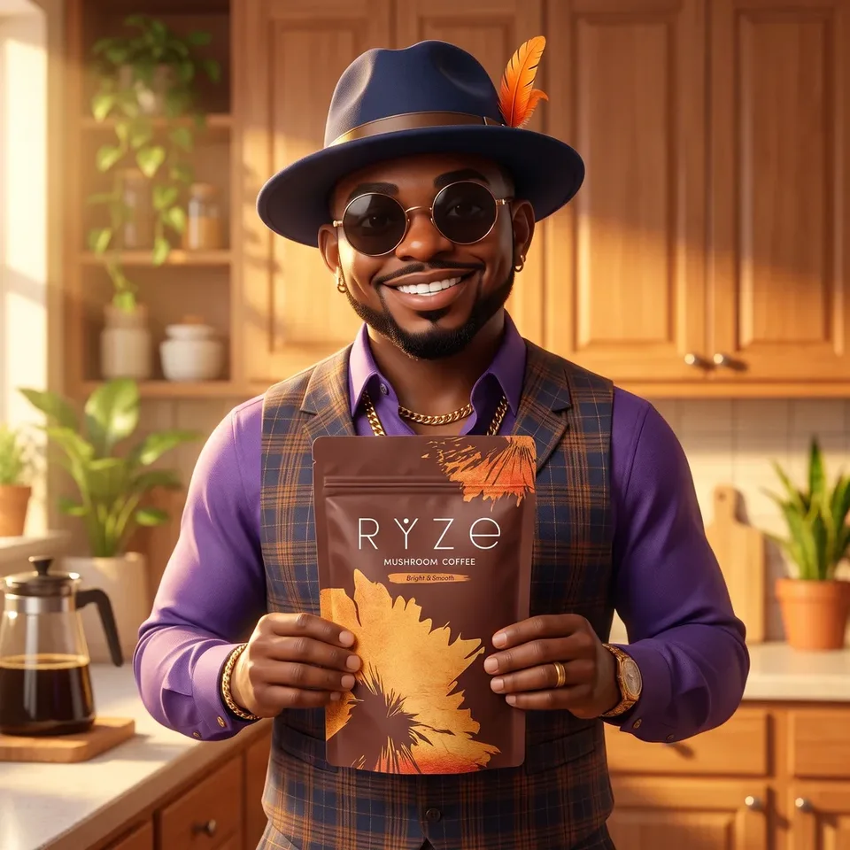 RYZE Mushroom Coffee bag with a creamy cup and wooden RYZE spoon