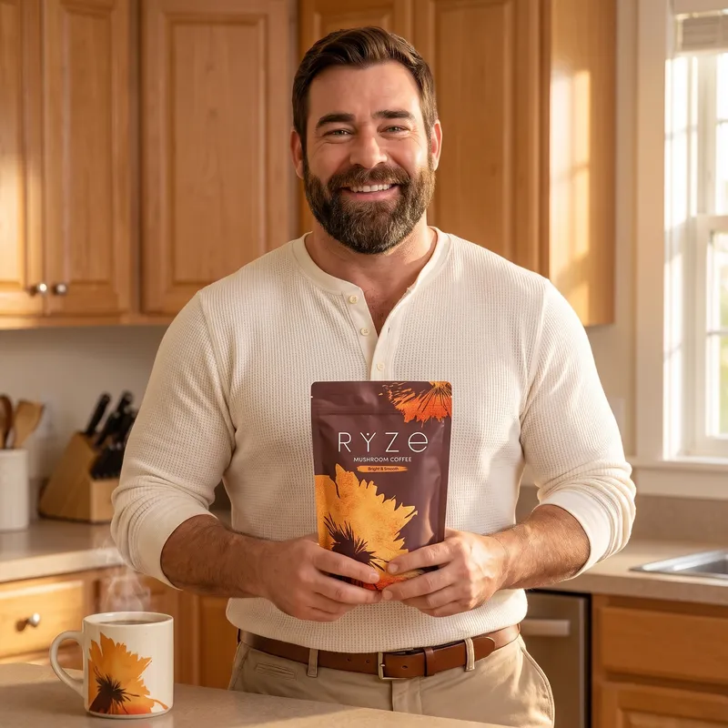 Animated heavyset bearded dad in his early 40s holding a bag of RYZE Mushroom Coffee in his warm kitchen