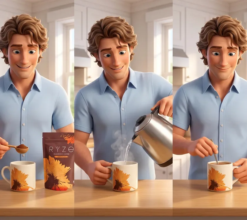 Three panels of the animated dad scooping RYZE with the wooden scoop, pouring hot water and stirring the mug.