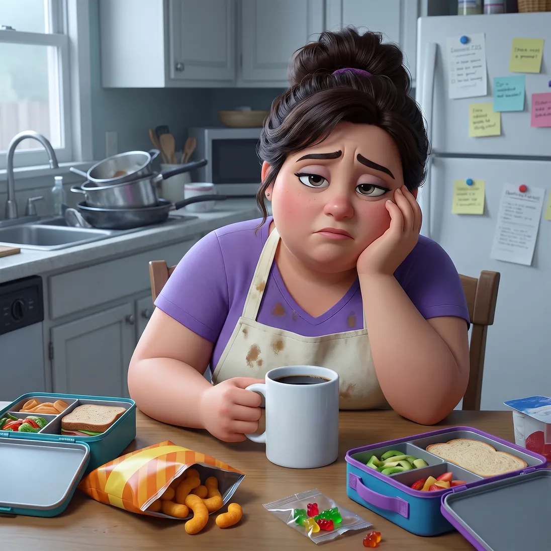 The animated mom in her stained apron slumped at the kitchen table at two in the afternoon, a plain white mug beside the kids’ lunchboxes