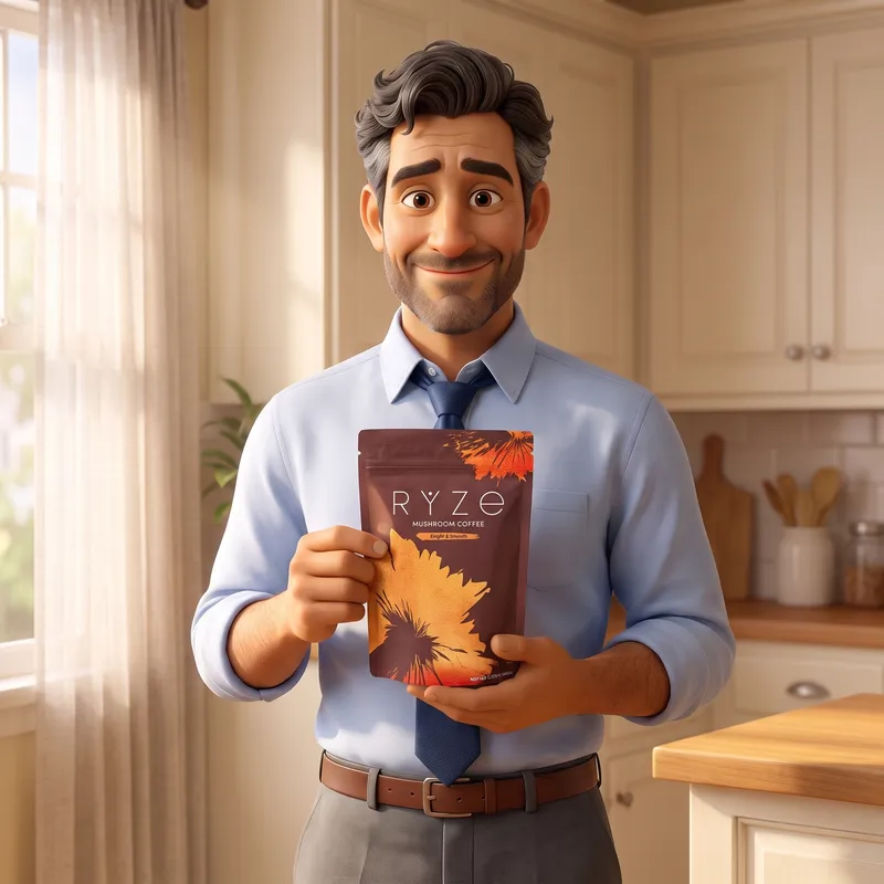 Animated dad in a light-blue shirt and navy tie holding a bag of RYZE Mushroom Coffee in his bright kitchen