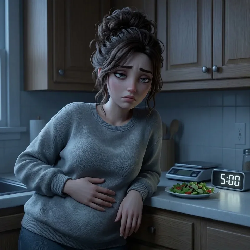 Woman leaning wearily on her kitchen counter late at night