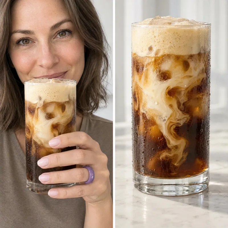Smiling customer holding a creamy RYZE iced coffee beside a close-up of the glass