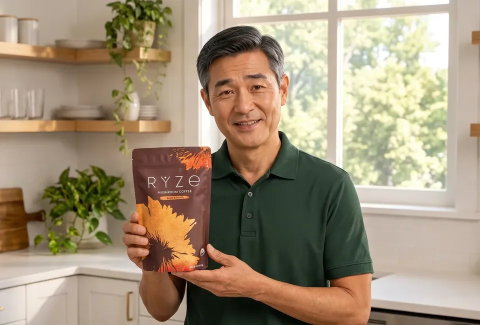 The man holding the brown RYZE Mushroom Coffee pouch with both hands in his bright kitchen.