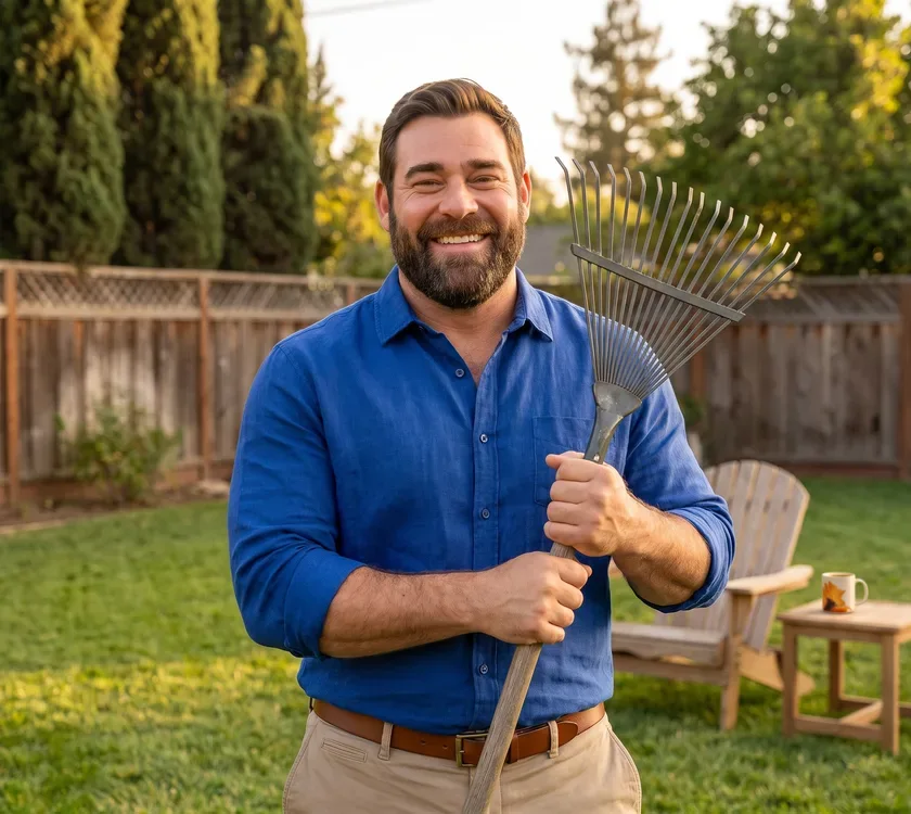 The animated bearded dad in his backyard at five in the afternoon holding a garden rake, wide awake with energy left for the yard, his RYZE mug on the side table.