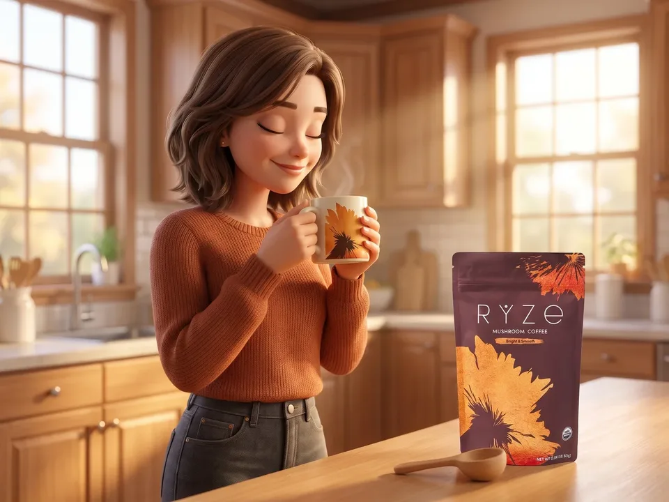 The mom at her kitchen counter at 7am, eyes closed over her RYZE mug, the brown RYZE Mushroom Coffee pouch and wooden scoop beside her