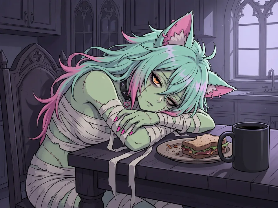 The anime cat girl from the ad slumped over her kitchen table at three in the afternoon beside a half-eaten lunch and a plain black mug of coffee, dim light.
