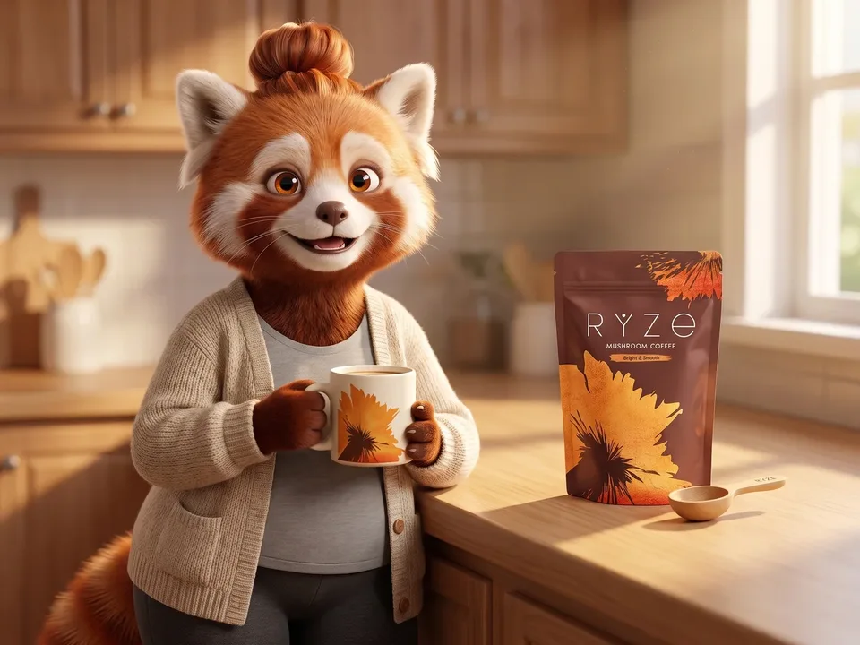 The red panda mom holding her floral RYZE mug at the kitchen counter with the brown RYZE pouch and wooden scoop beside her.