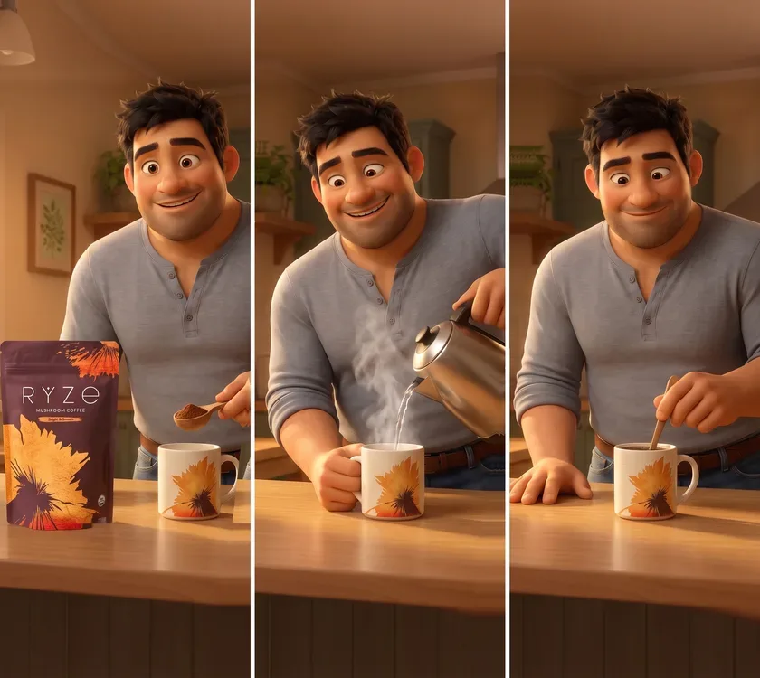Three panels of the stocky man scooping RYZE with the wooden scoop, pouring hot water and stirring the mug.