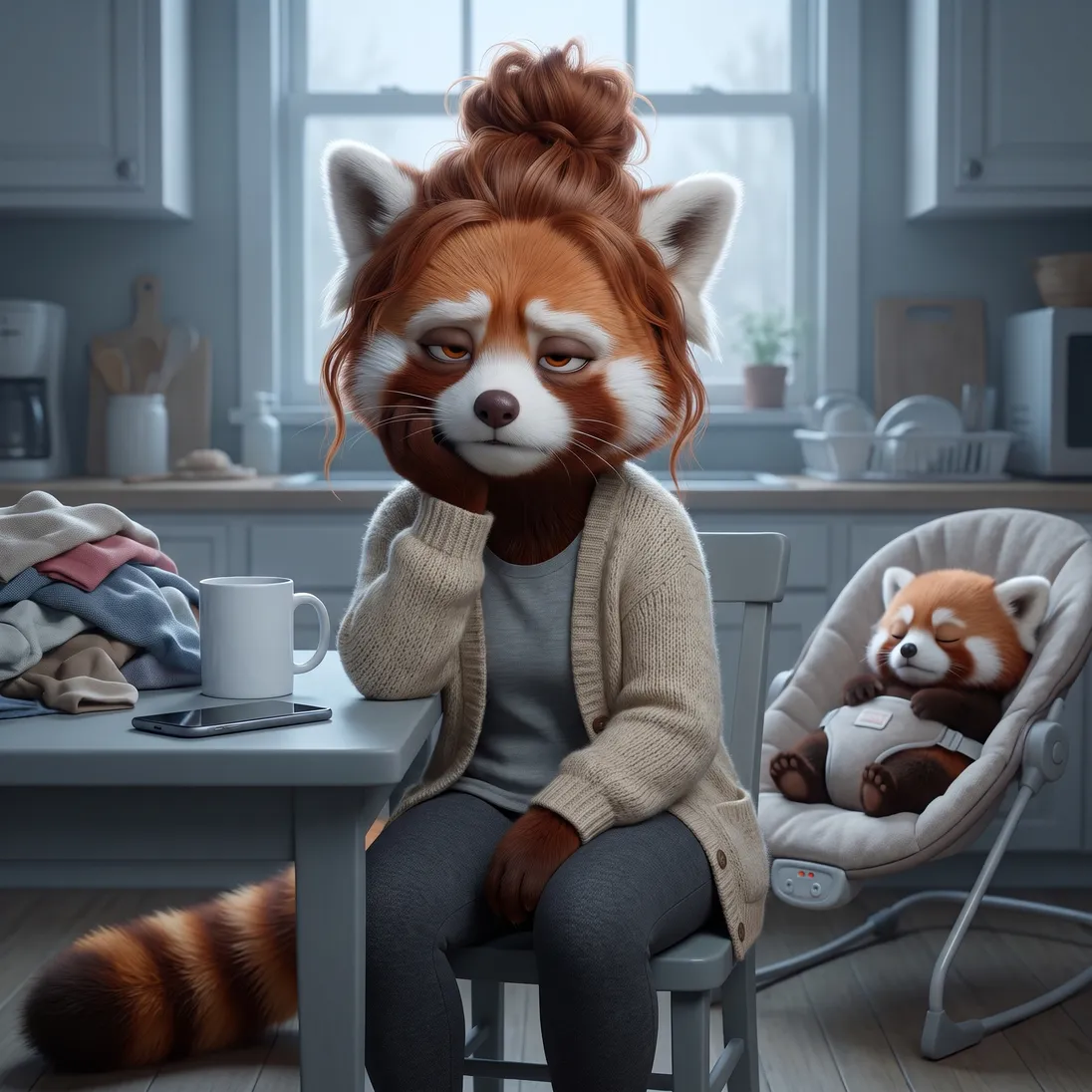 The red panda mom slumped at the kitchen table at dawn beside a cold plain mug, a phone and a heap of laundry.