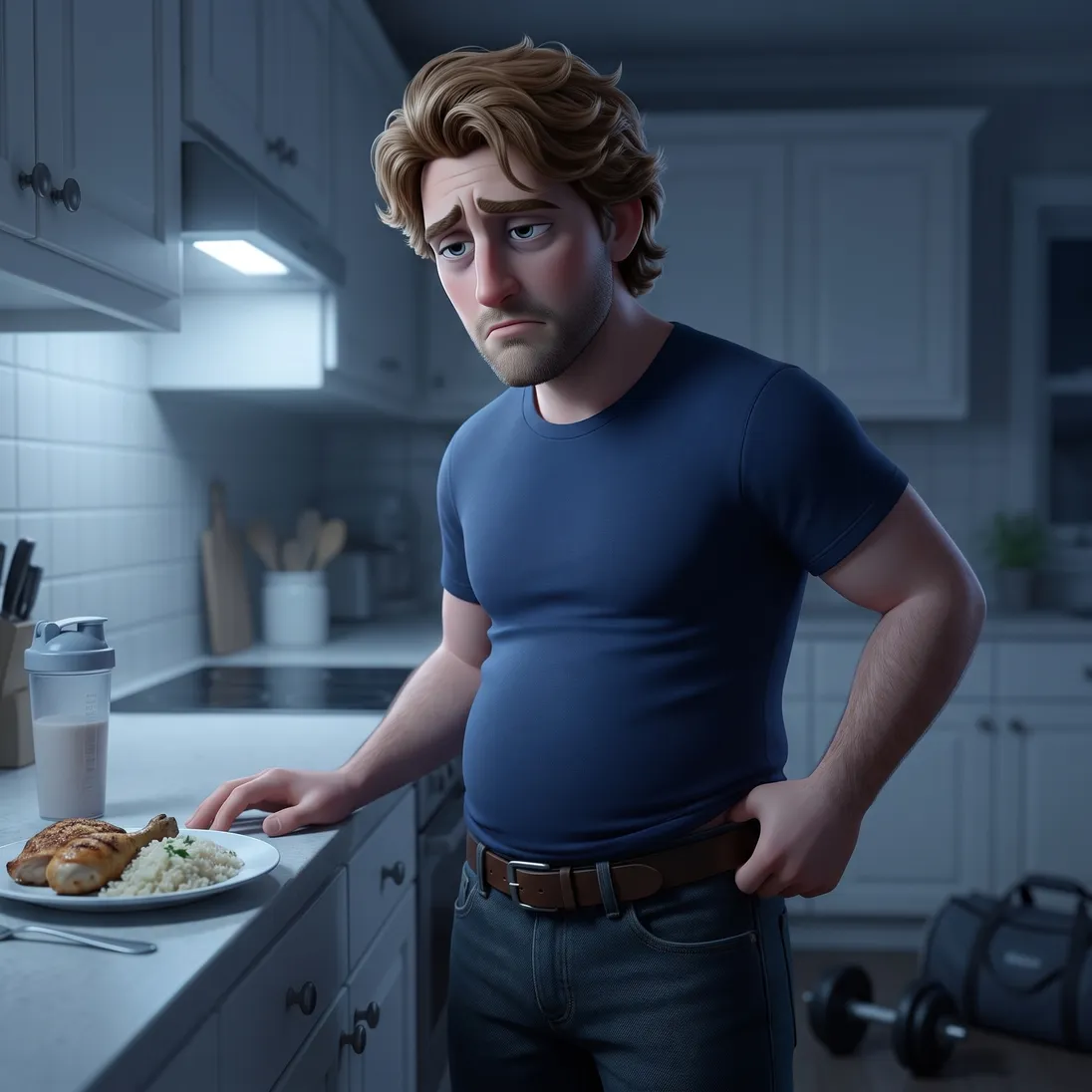 The animated dad in a navy tee at the kitchen counter after the gym at night, looking down at his belt, a plate of chicken and rice beside him