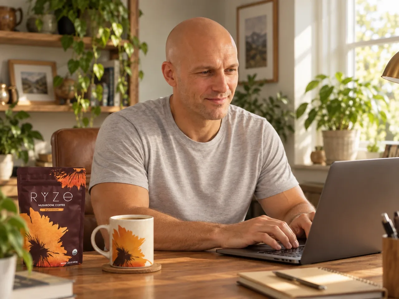 The natural bald man in a grey T-shirt in the matching campaign scene with consistent facial features