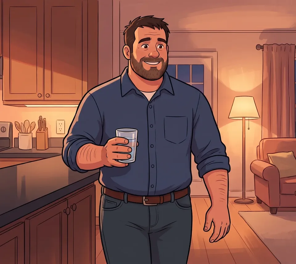 The animated bearded foreman walking past his dark, clean kitchen counter at night with a glass of water, relaxed and not hungry.