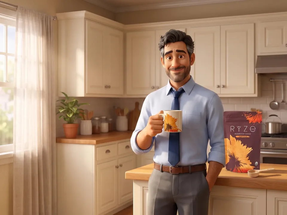The animated dad at his sunlit kitchen counter with the floral RYZE mug in one hand, the brown RYZE pouch and the wooden scoop beside him.