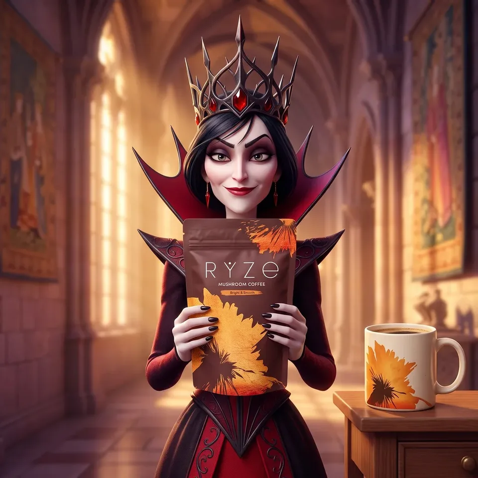Animated gothic queen holding the RYZE Mushroom Coffee pouch with both hands in her castle hall
