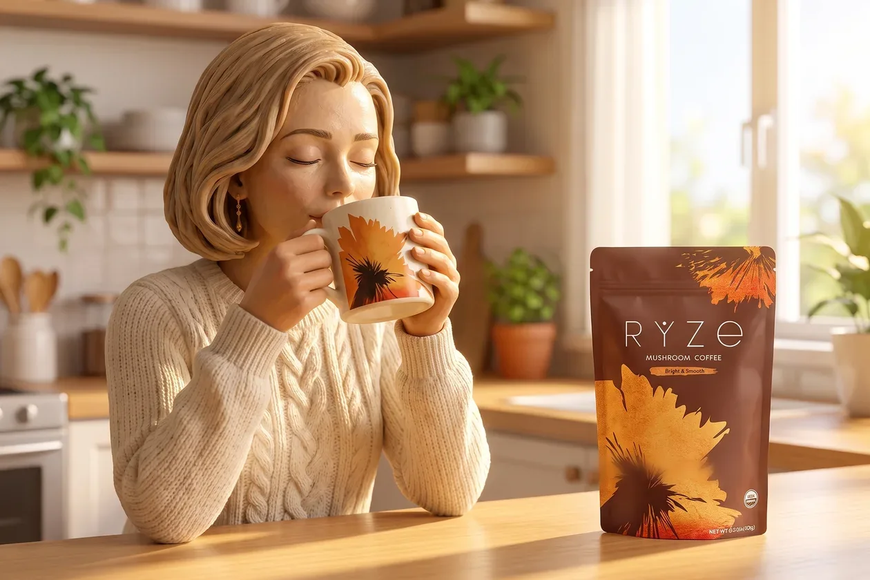 The textured-clay 3D woman from the ad, a slim blonde in her late forties with a chin-length bob savouring a sip of RYZE at her sunlit kitchen counter, the brown RYZE Mushroom Coffee pouch beside her.
