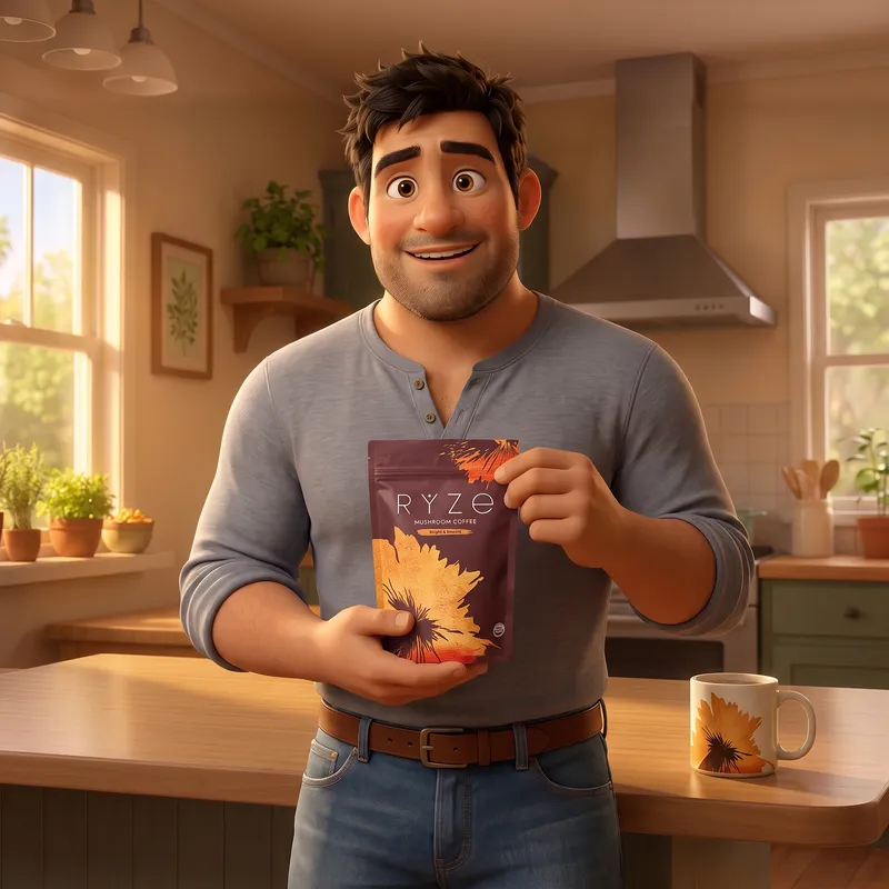 Animated heavyset man holding a bag of RYZE Mushroom Coffee in his bright kitchen