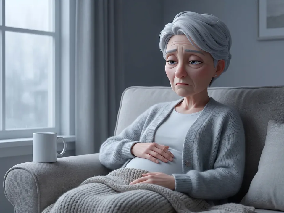 The animated 71-year-old mother in a grey cardigan sunk into the sofa in the afternoon, one hand on her bloated stomach, a plain white mug going cold beside