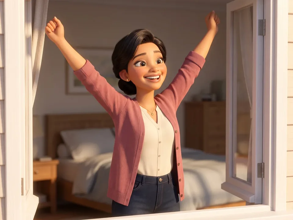 The same woman rested and smiling, stretching at her sunlit bedroom window