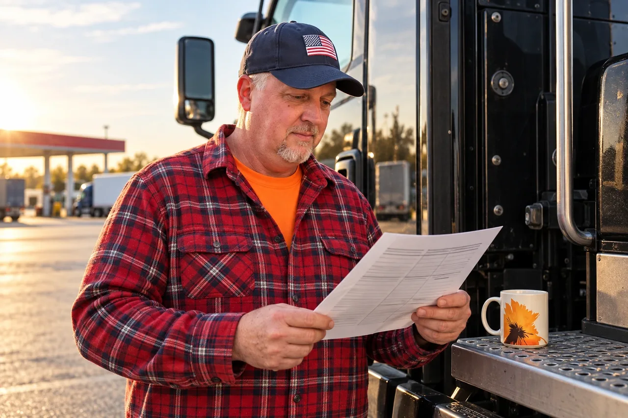 The source-ad truck driver focused on a route sheet beside his safely parked semi, with the approved RYZE mug on the step.