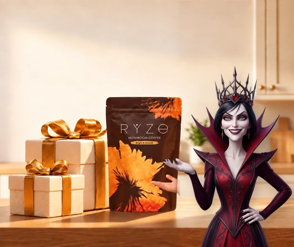 UP TO 40% OFF + FREE GIFTS. RYZE coffee and two wrapped gifts on a kitchen counter with the gothic queen character presenting them in the foreground.