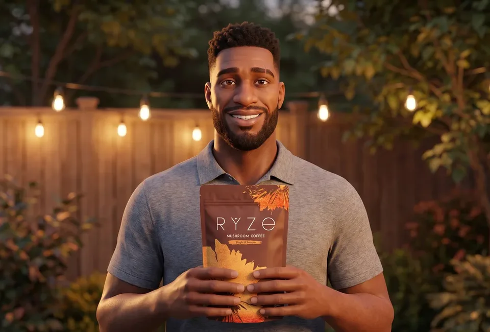 The animated man in his backyard at golden hour holding the brown RYZE Mushroom Coffee pouch with both hands, smiling.