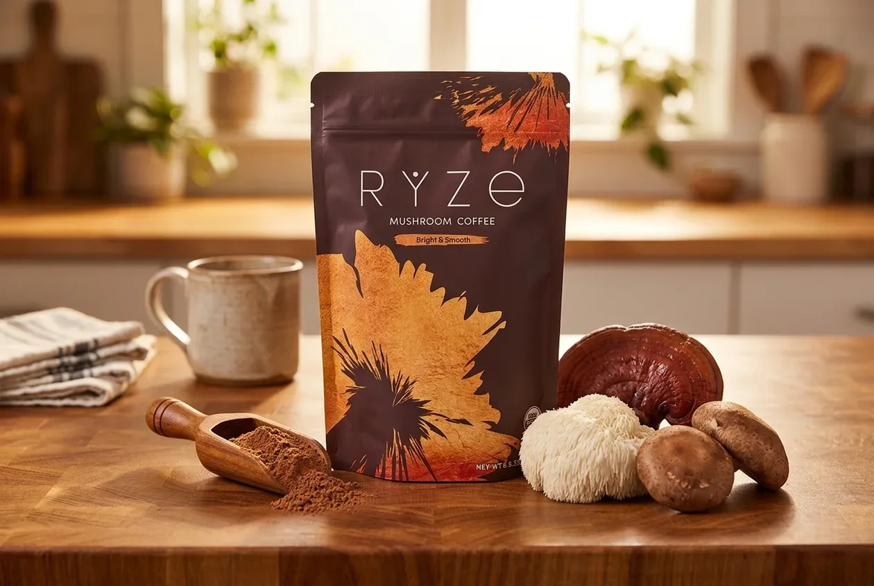 RYZE bag beside a scoop of the blend and fresh whole mushrooms