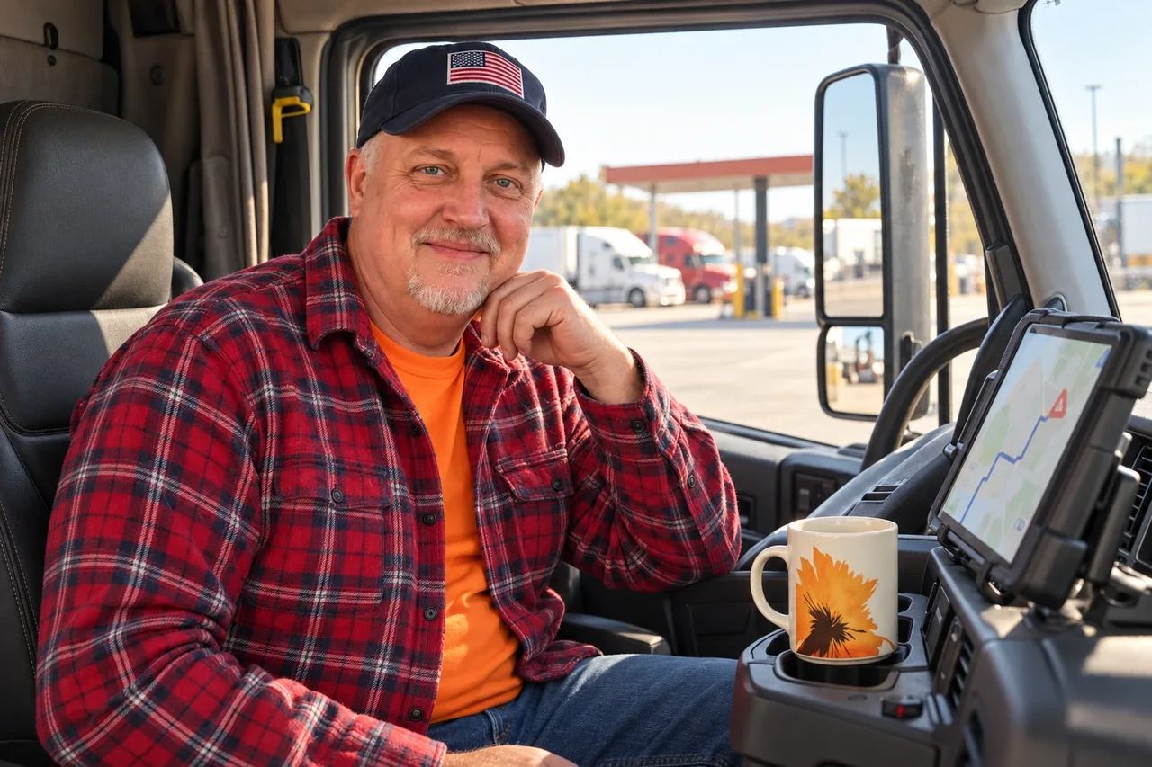 The source-ad truck driver calmly reviewing a changed route in his safely parked cab, with the approved RYZE mug in the cup holder.