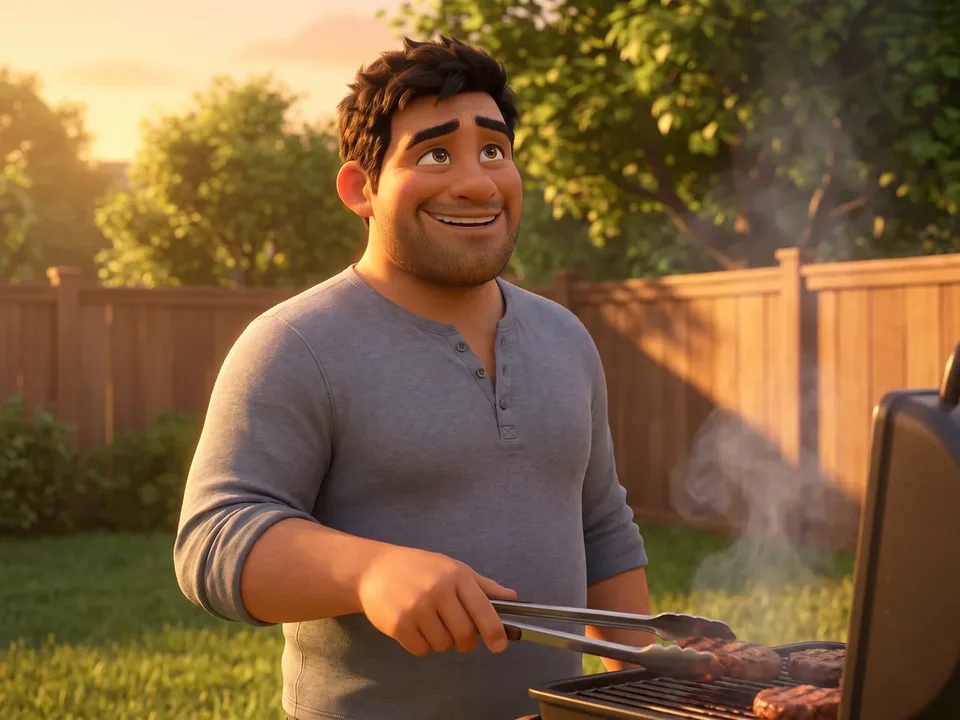 The same man upright and smiling at the grill in his golden late-afternoon backyard, tongs in hand.