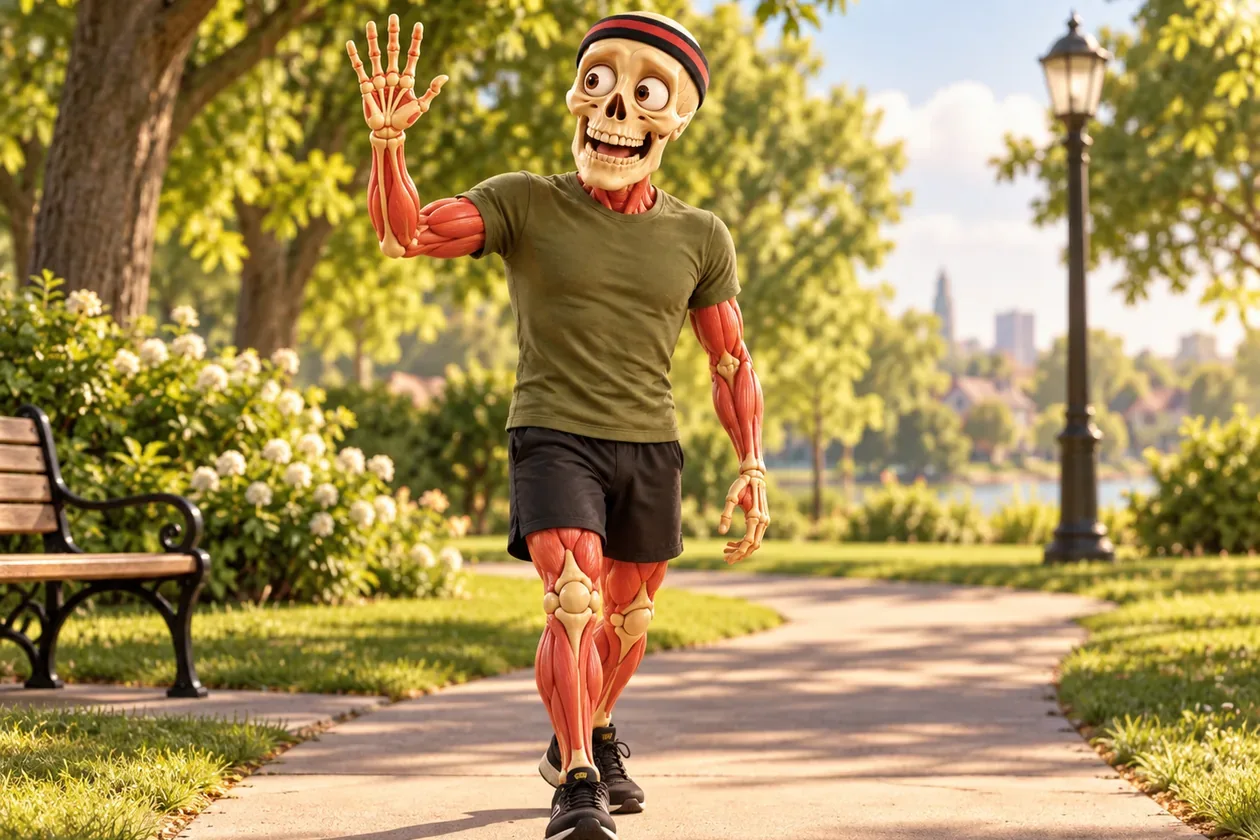 Friendly sporty skeleton jogging upright in a sunny park.
