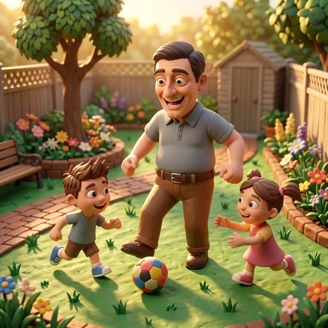 The same dad playing ball with his kids in the backyard