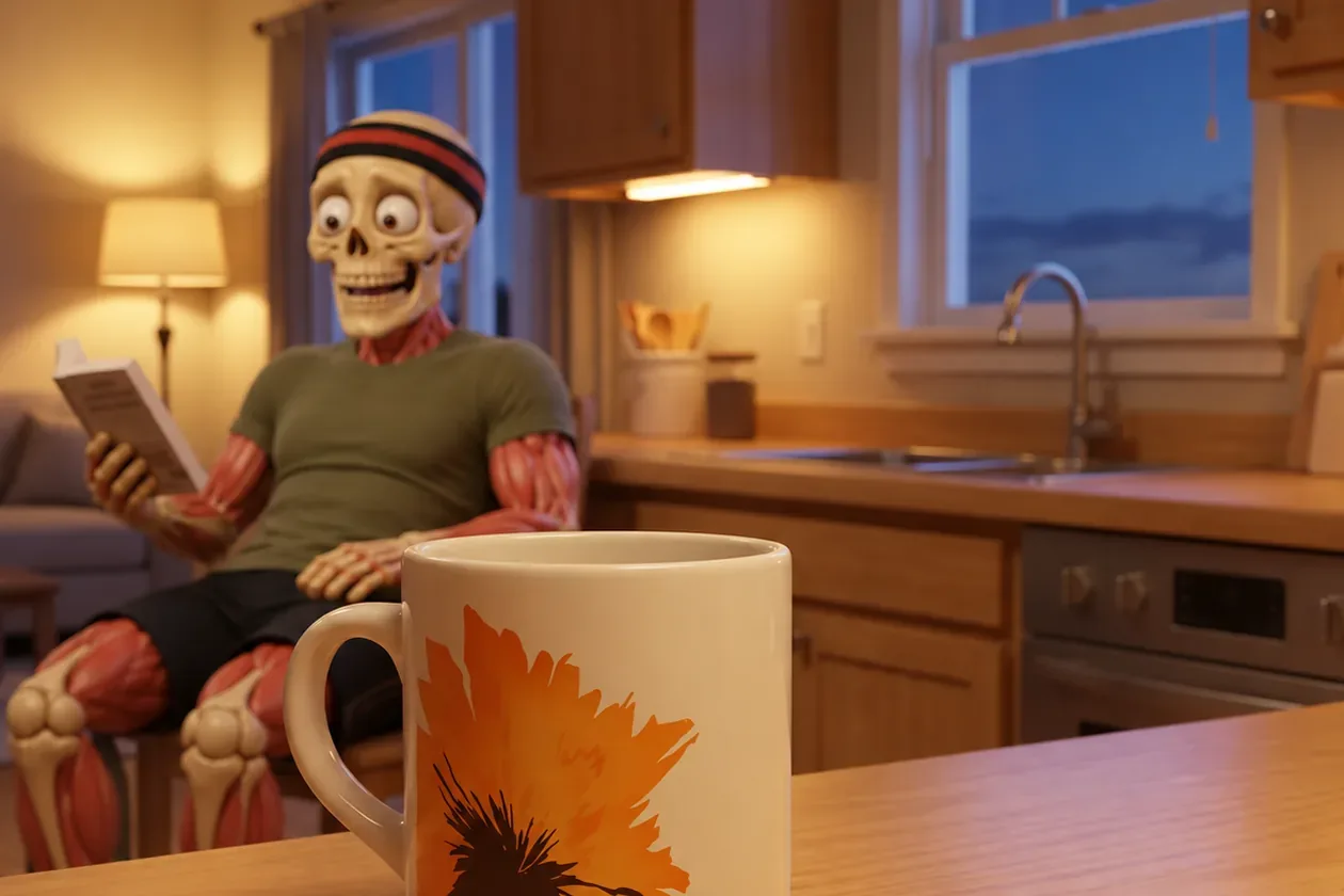 Friendly sporty skeleton reading calmly at dusk behind an empty washed RYZE mug.