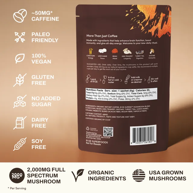 RYZE Mushroom Coffee back label: supplement facts, ingredients, ~50mg caffeine, paleo friendly, 100% vegan, gluten free, no added sugar, dairy free, soy free