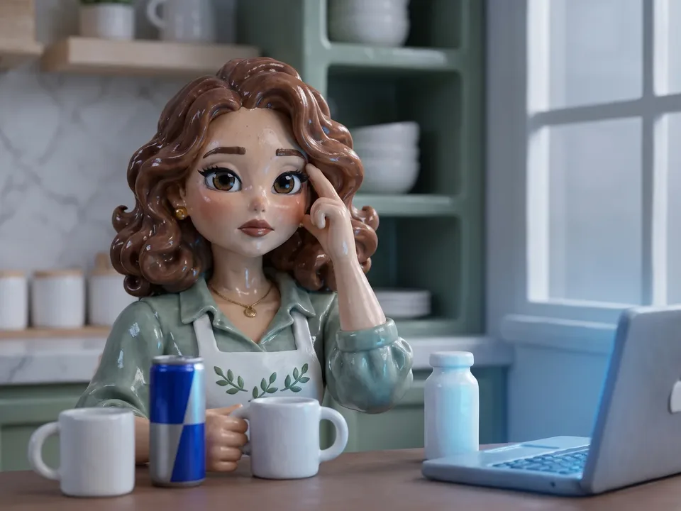 The clay-figurine woman from the ad at her home desk in grey light, rubbing her temple in front of two plain mugs, an energy drink and a probiotic bottle.