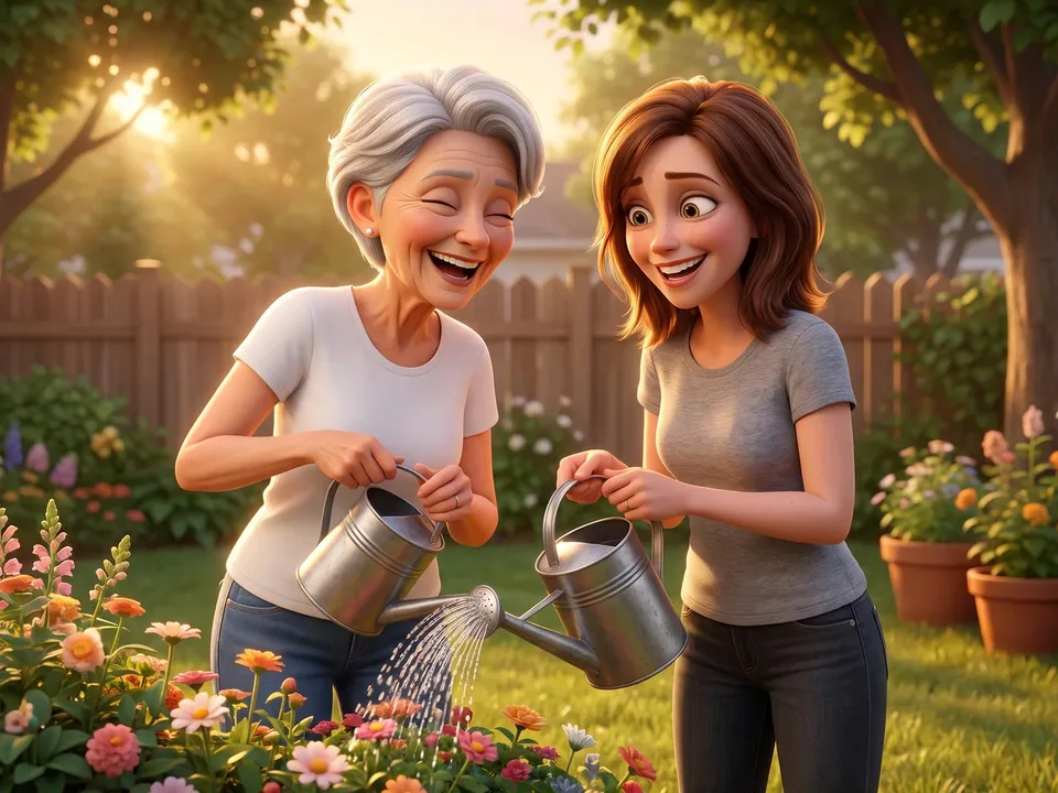 The same mother upright and laughing in the golden back garden, watering the flower beds with her daughter.
