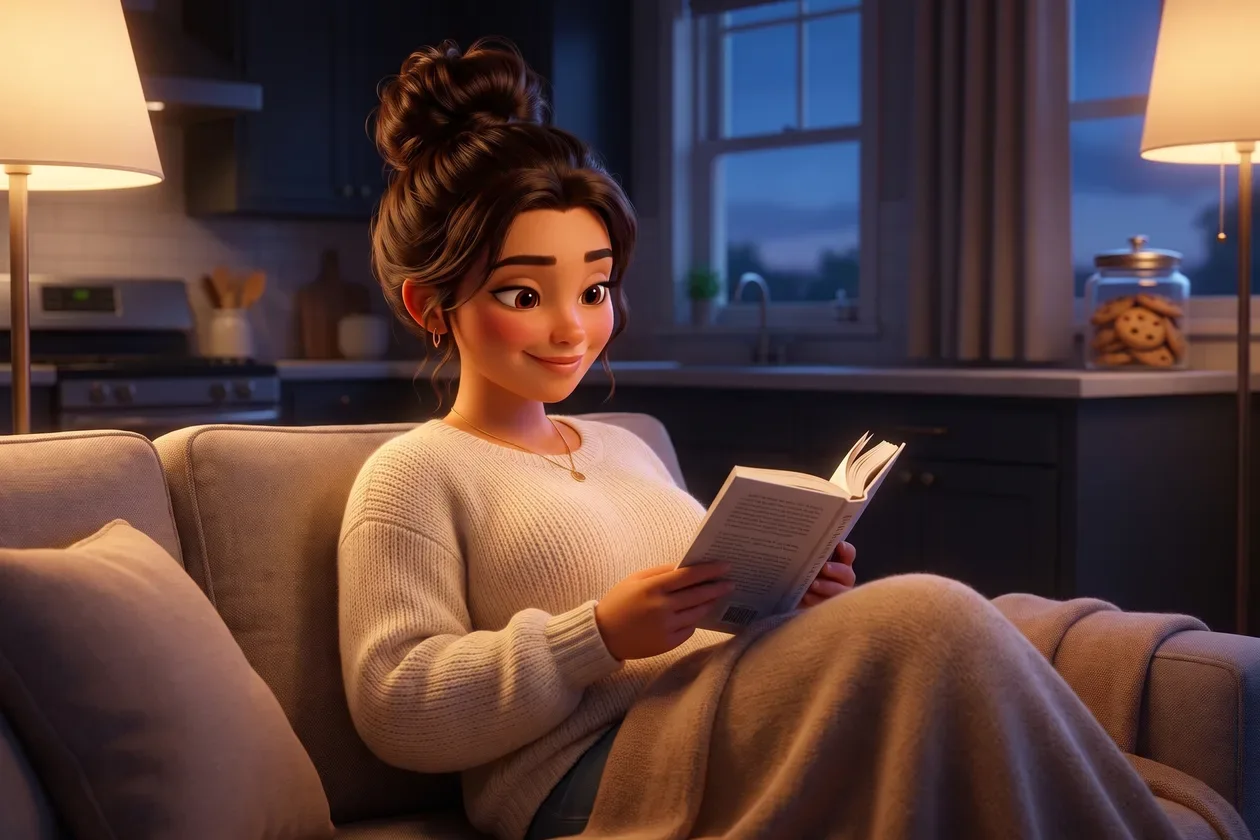 The animated mom curled up on her sofa in the evening with a book, relaxed, the kitchen dark and tidy behind her