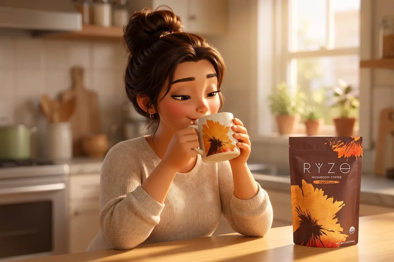 The animated mom savouring a sip from her floral RYZE mug at the kitchen counter, the brown RYZE pouch beside her
