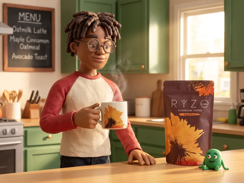 The same young man standing at his green kitchen counter, smiling as he lifts the RYZE mug, the brown RYZE Mushroom Coffee pouch upright on the counter beside