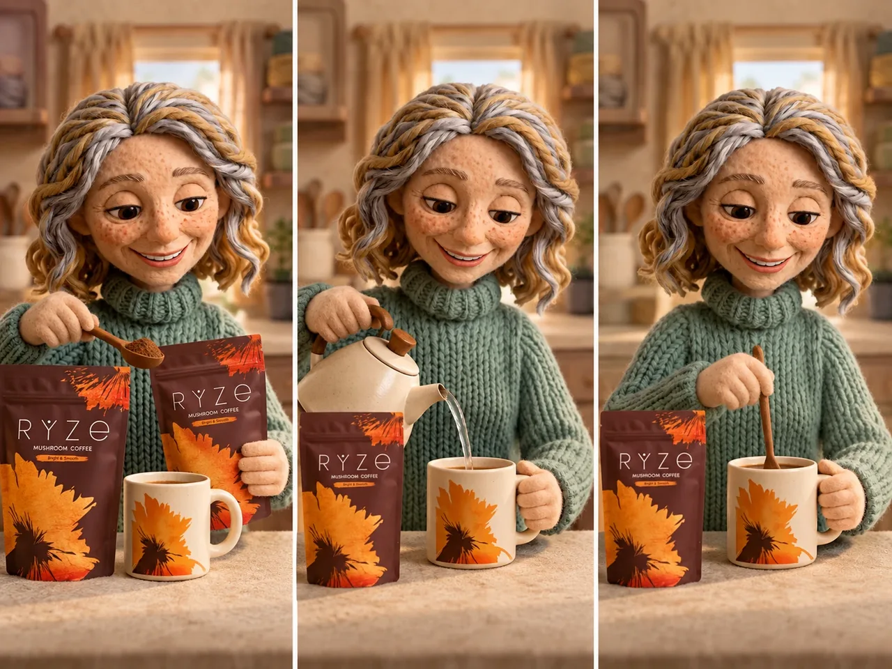 The friendly freckled felt mother in a sage knitted sweater in the matching campaign scene with consistent facial features