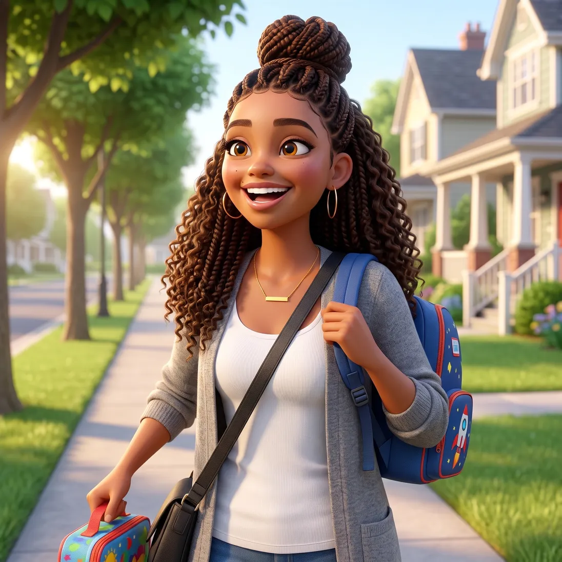 The same mom laughing on a sunny tree-lined sidewalk on the way to drop-off, a small blue backpack over her shoulder